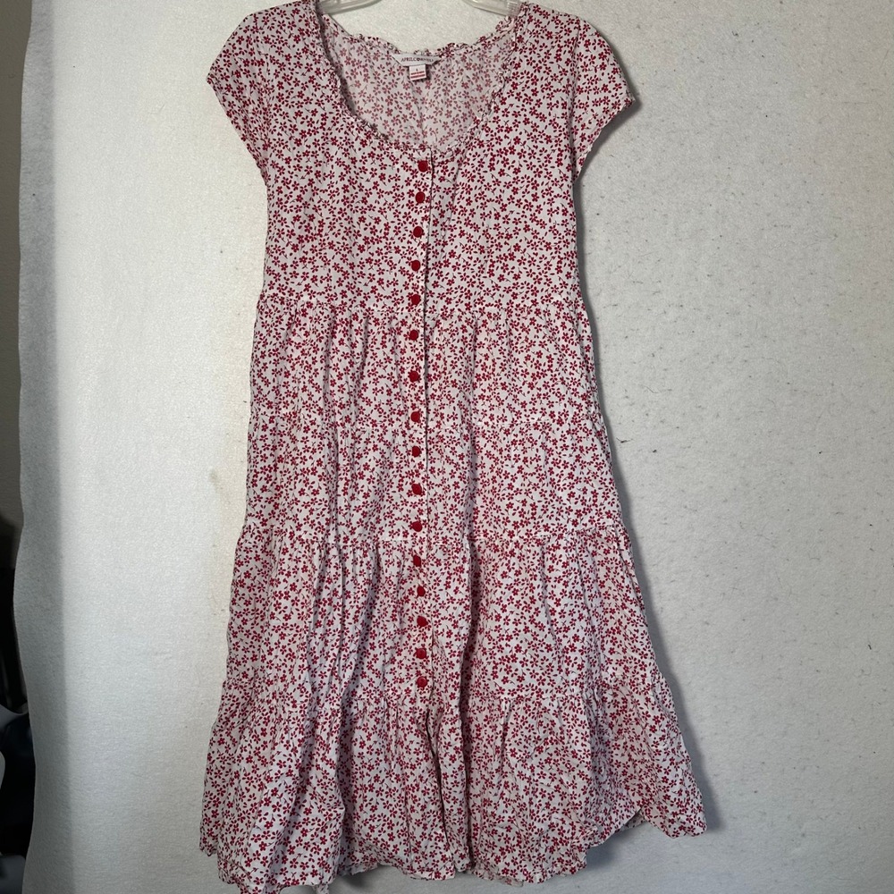 April Cornell Red Floral Cotton Tiered Midi Dress Pockets Cottagecore Large